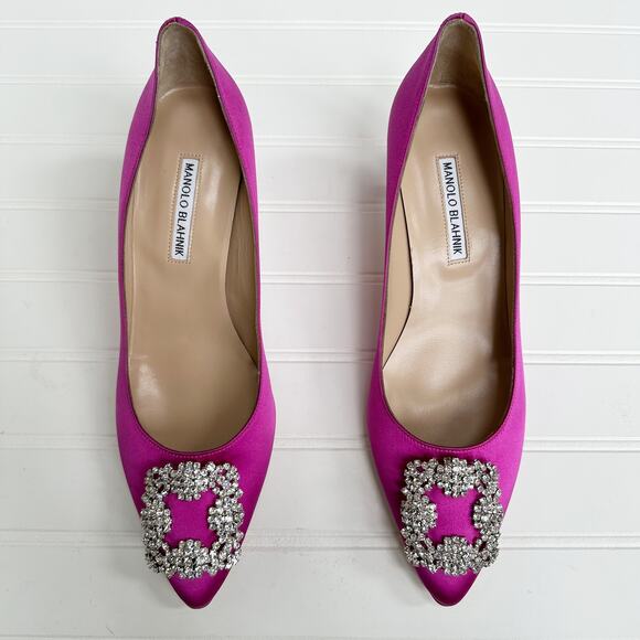Manolo Blahnik Shoes - Manolo Blahnik Hangisi 70 Magenta Purple Satin Crystal Buckle Pumps Heels 41